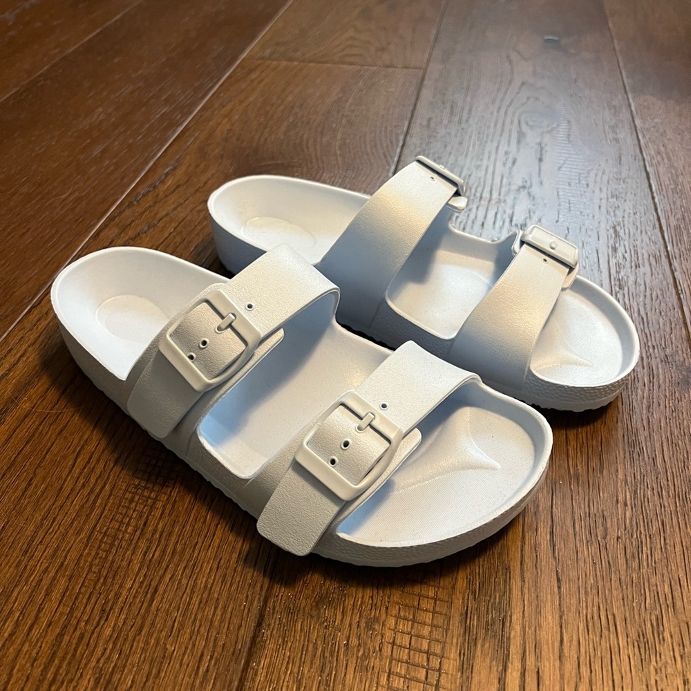 Double-Buckle Slide Sandals in Light Blue